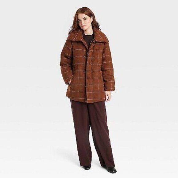 Women's Mid Length Relaxed Puffer Jacket - A New Day Brown M - Picture 2 of 2